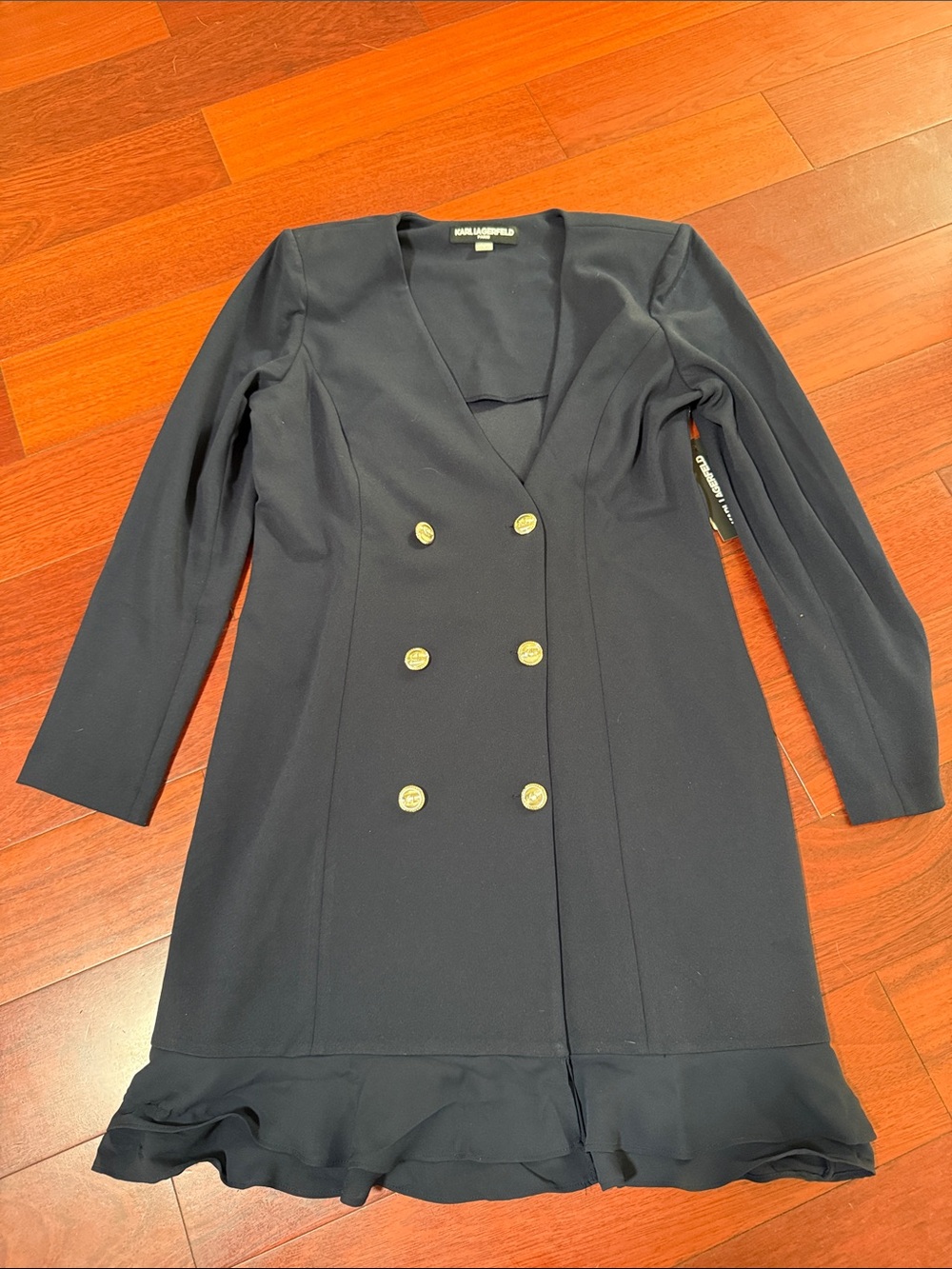 Karl Lagerfeld Navy Double-Breasted Ruffle-Hem Long Sleeve Dress